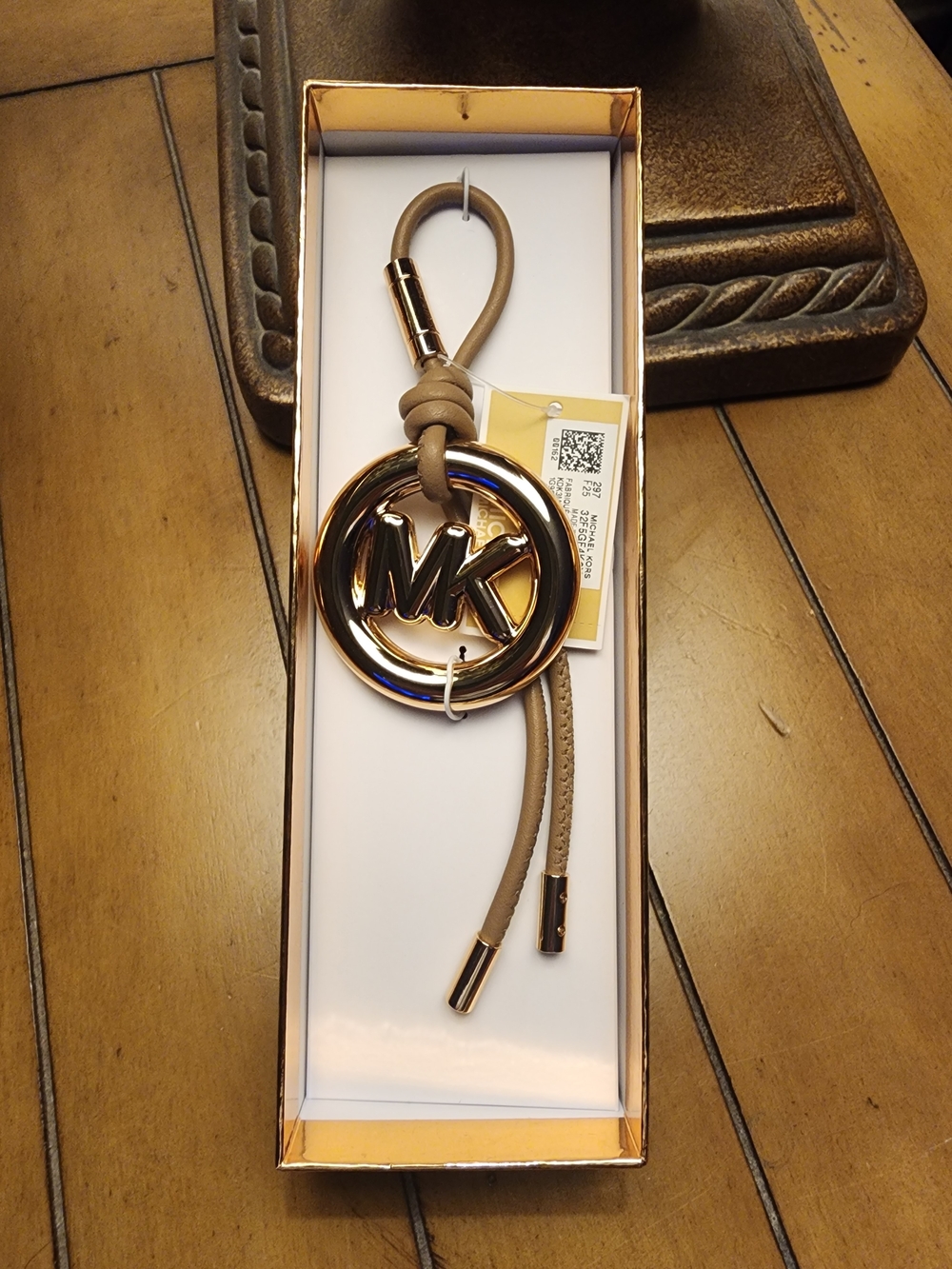 Michael Kors Taupe Leather Strap Keyring with Gold MK Emblem